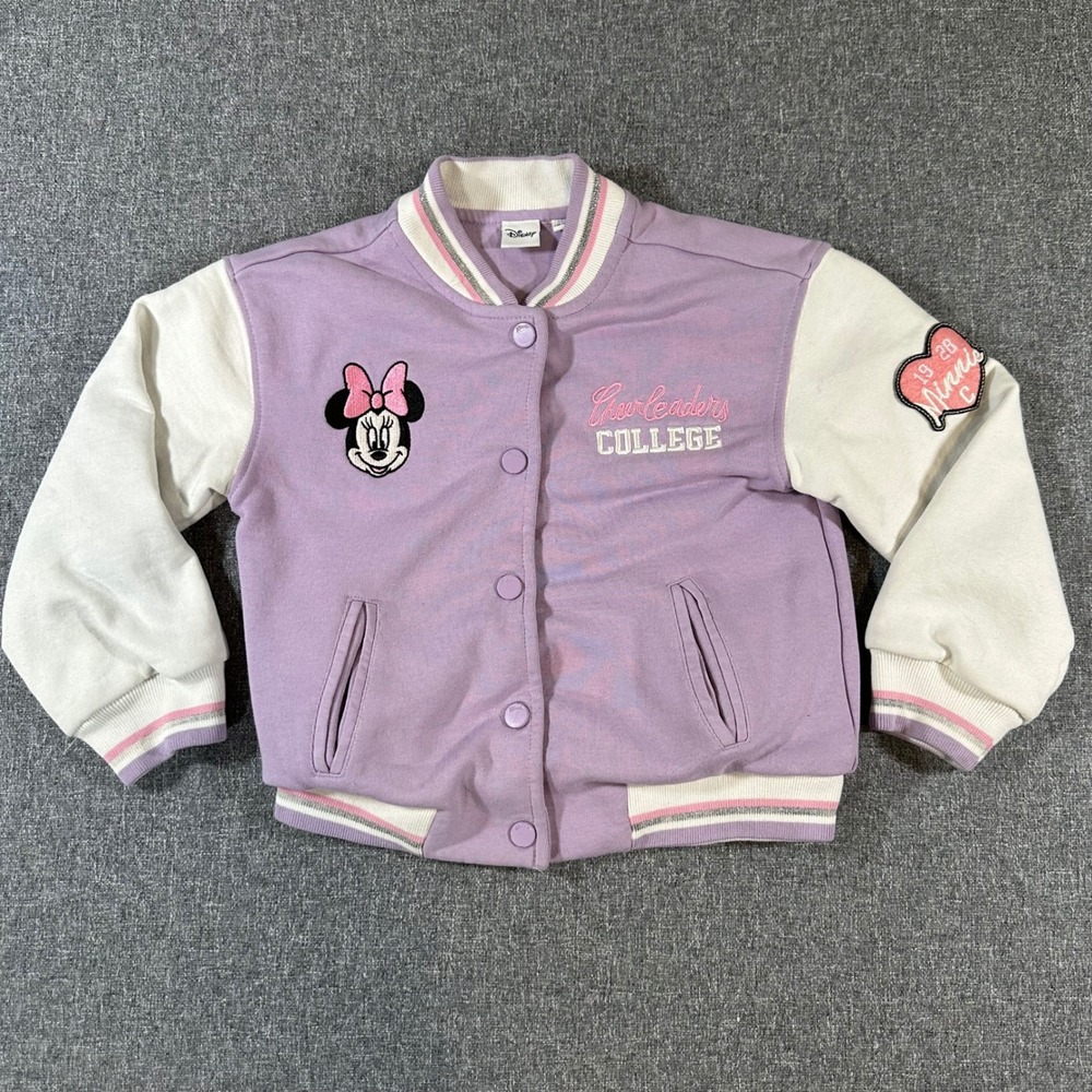 Disney Minnie Mouse Girls Varsity Jacket Purple White Letterman Coat Size 6-7